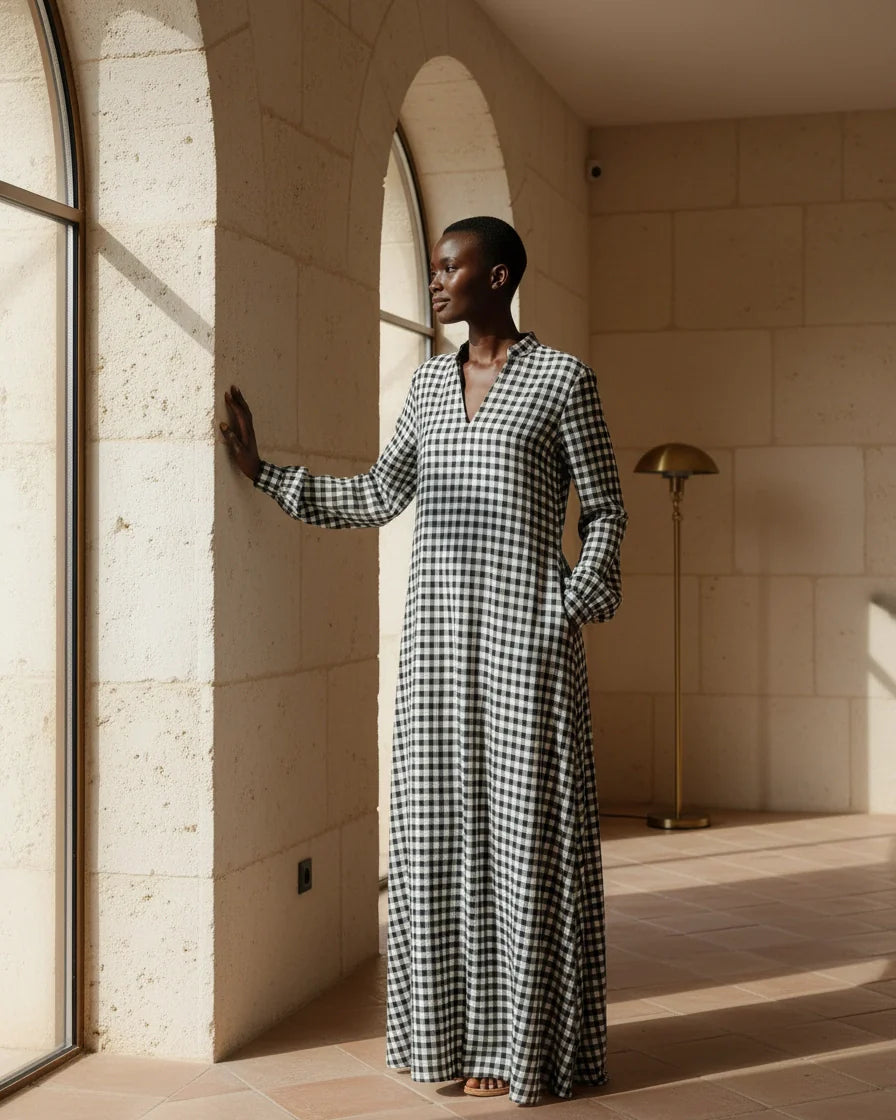 Women Plaid Cotton V-Neck Maxi Dress – Polarys