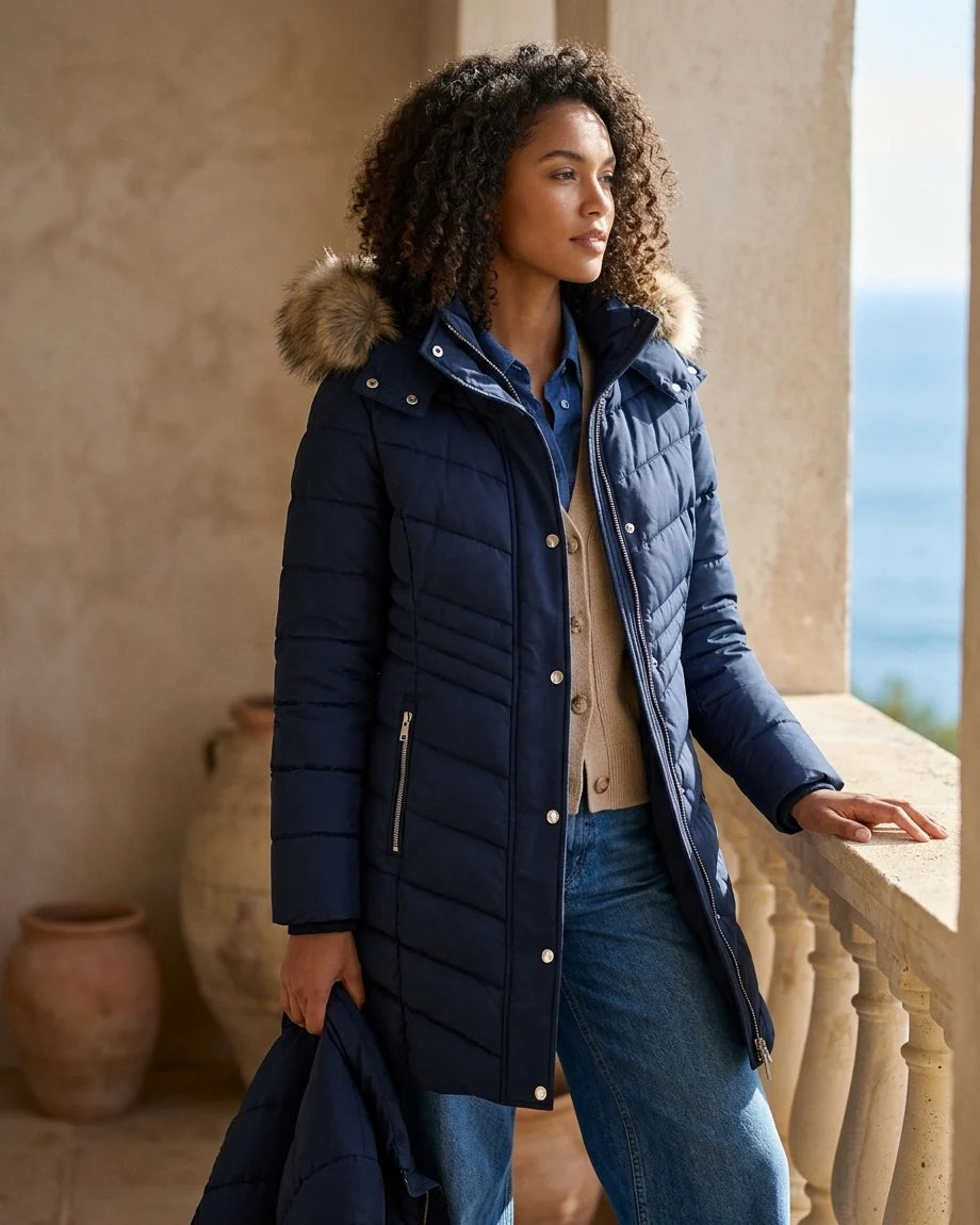 Women Plush Trim Quilted Puffer Coat