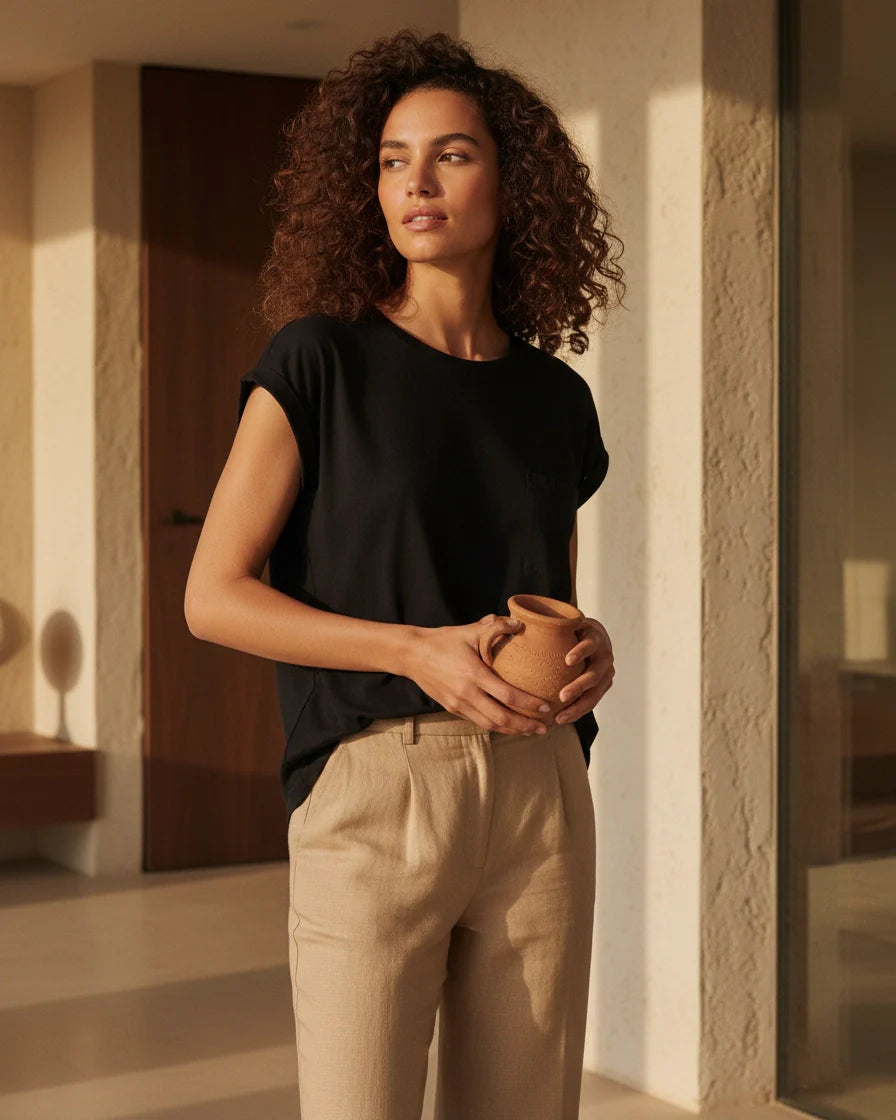 A woman wearing a relaxed-fit short sleeve crew neck t-shirt with a chest patch pocket. - 4