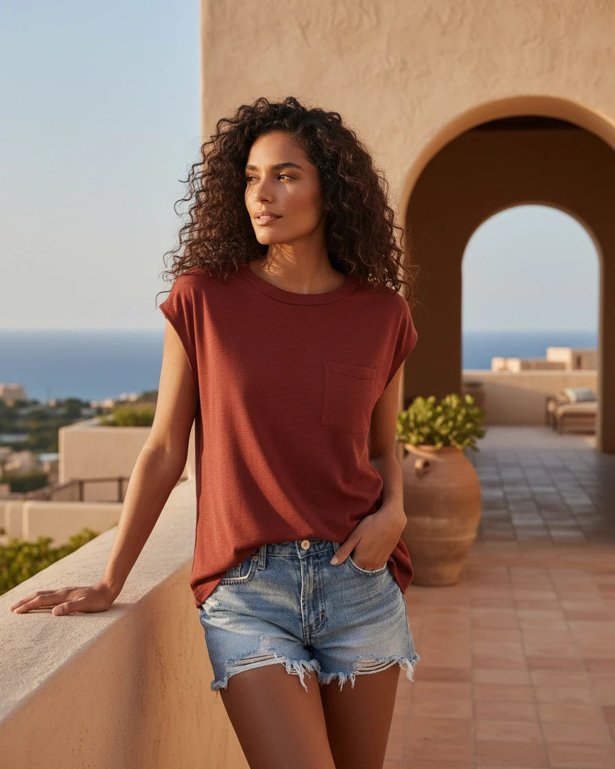 A woman wearing a relaxed-fit short sleeve crew neck t-shirt with a chest patch pocket. - 5