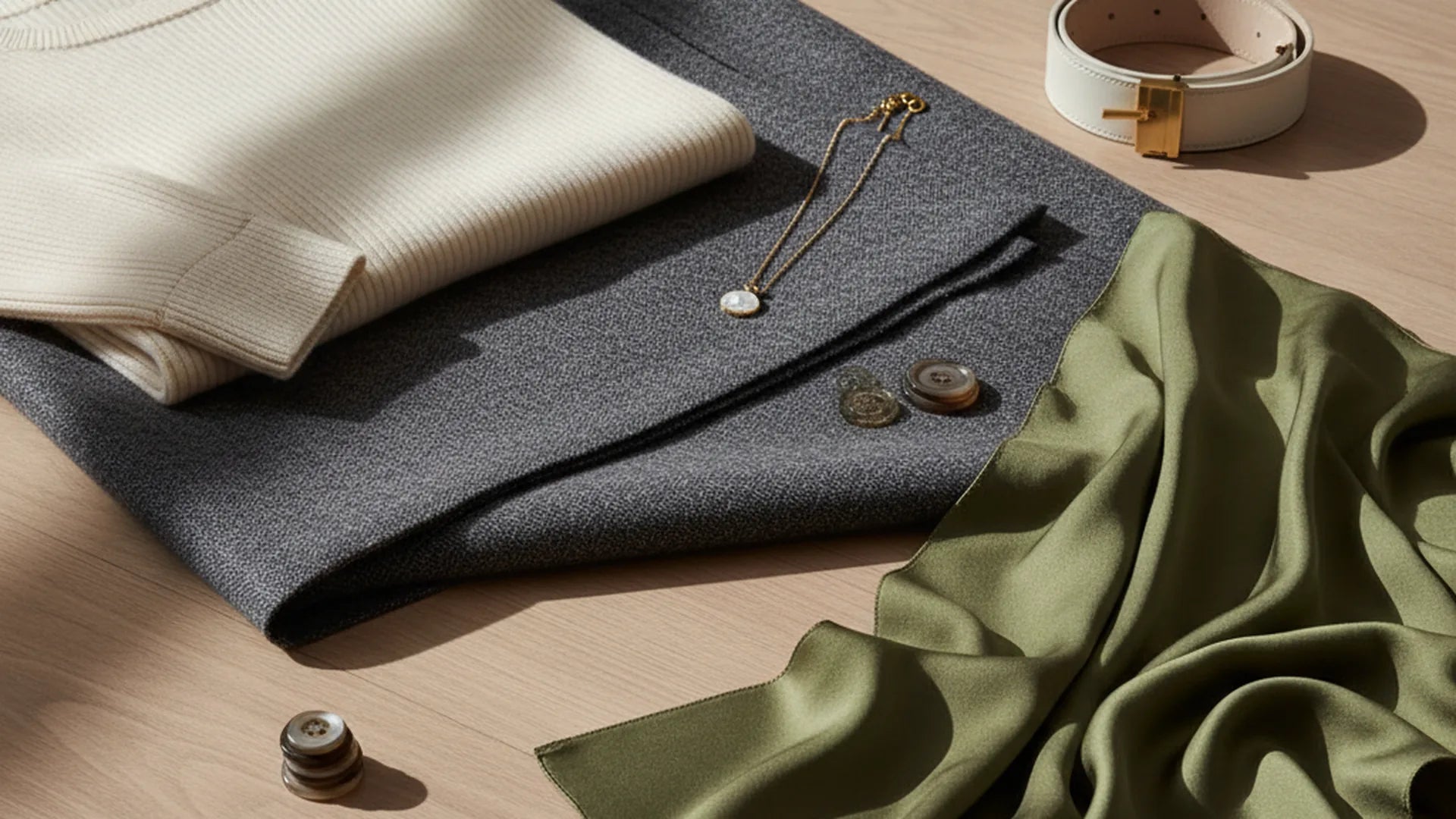 Polarys detail composition showing diverse garment textures and clean construction in atelier light