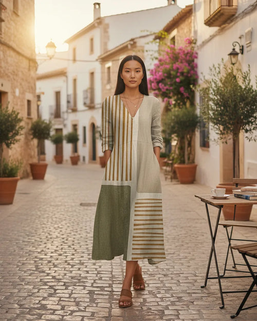 Woman wearing a patchwork midi dress with long sleeves and side pockets in earthy stripe tones - Multicolor