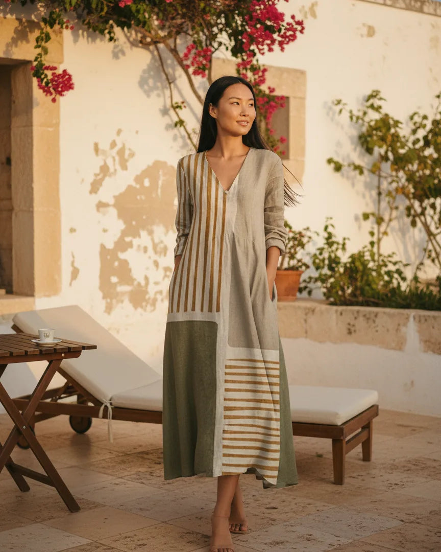 Woman wearing a patchwork midi dress with long sleeves and side pockets in earthy stripe tones