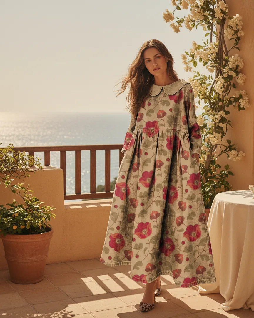 Woman wearing a long-sleeve floral print denim-look dress with a soft collar and side pockets - Multicolor
