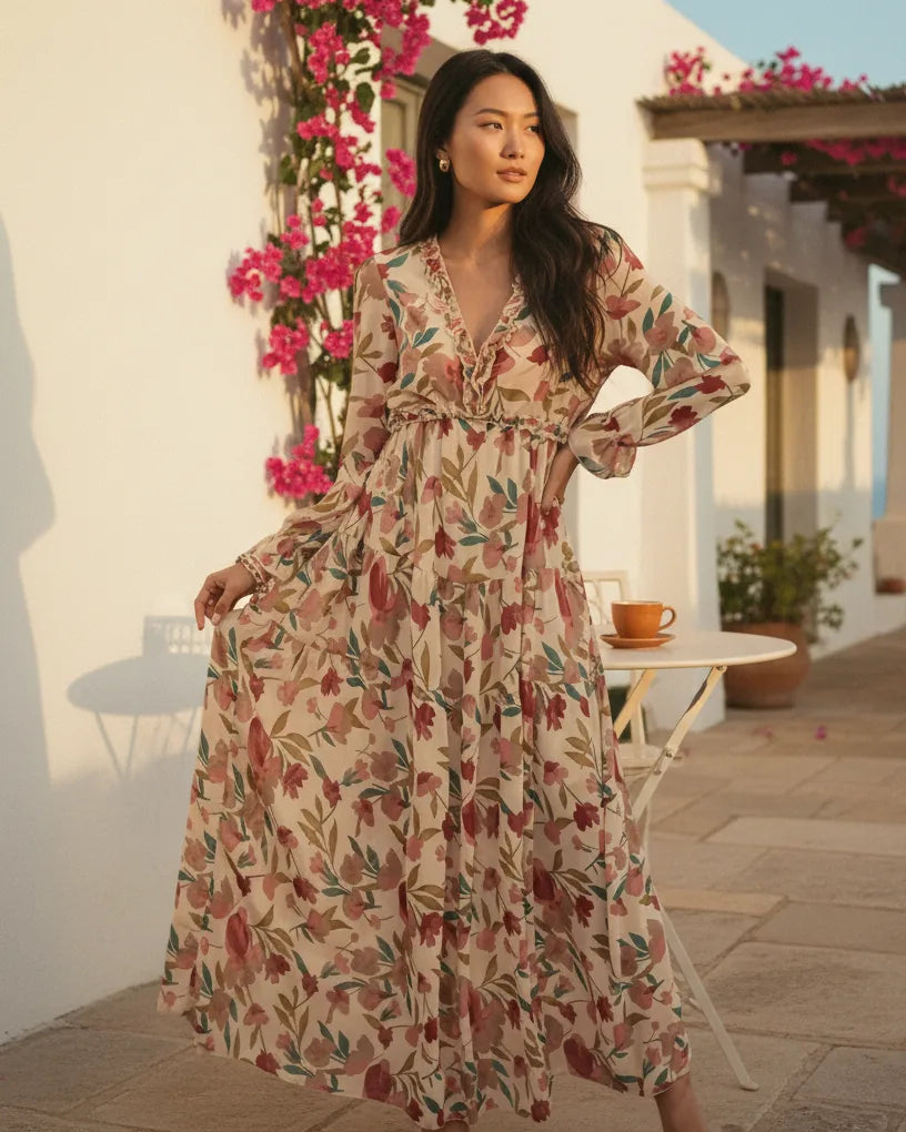 Woman wearing a floral-print maxi dress with a V-neckline and long cuffed sleeves - Apricot