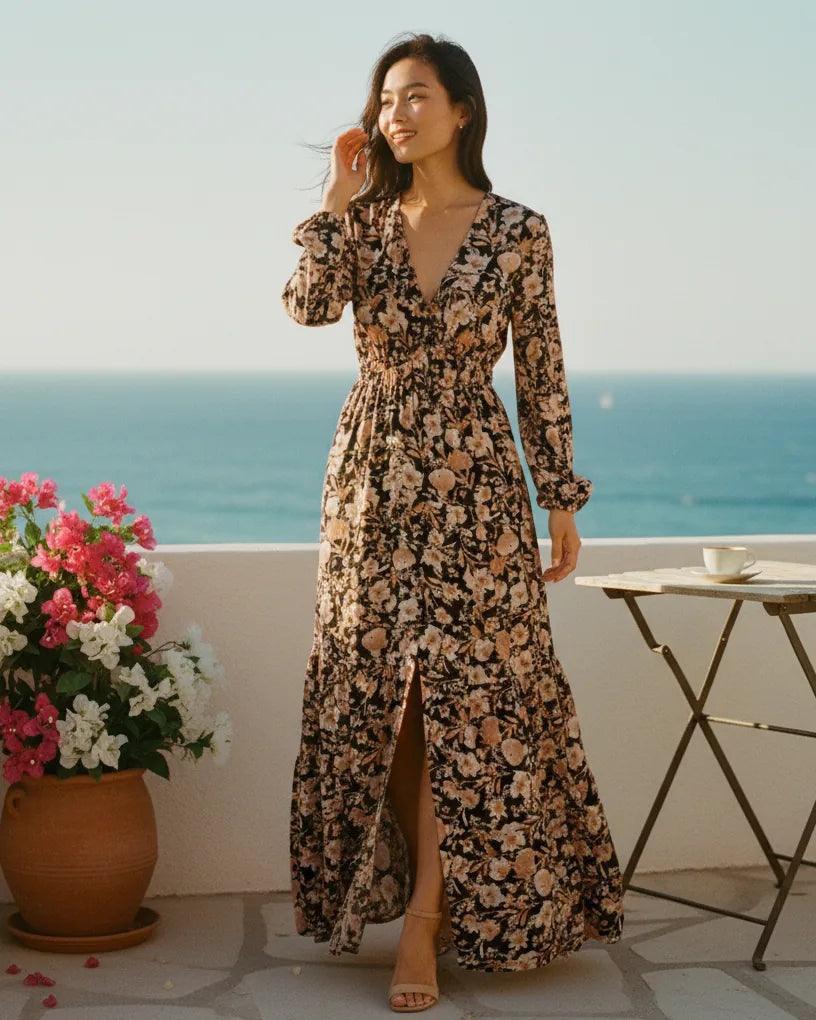 Woman wearing a floral-print maxi dress with a V-neckline and long cuffed sleeves - Brown