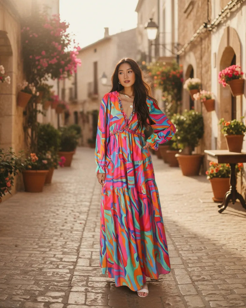 Woman wearing a floral-print maxi dress with a V-neckline and long cuffed sleeves - Hot Pink