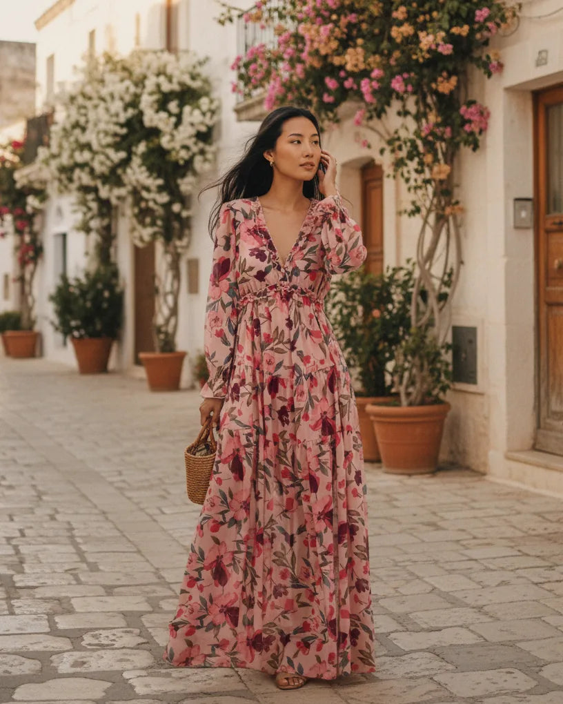Woman wearing a floral-print maxi dress with a V-neckline and long cuffed sleeves