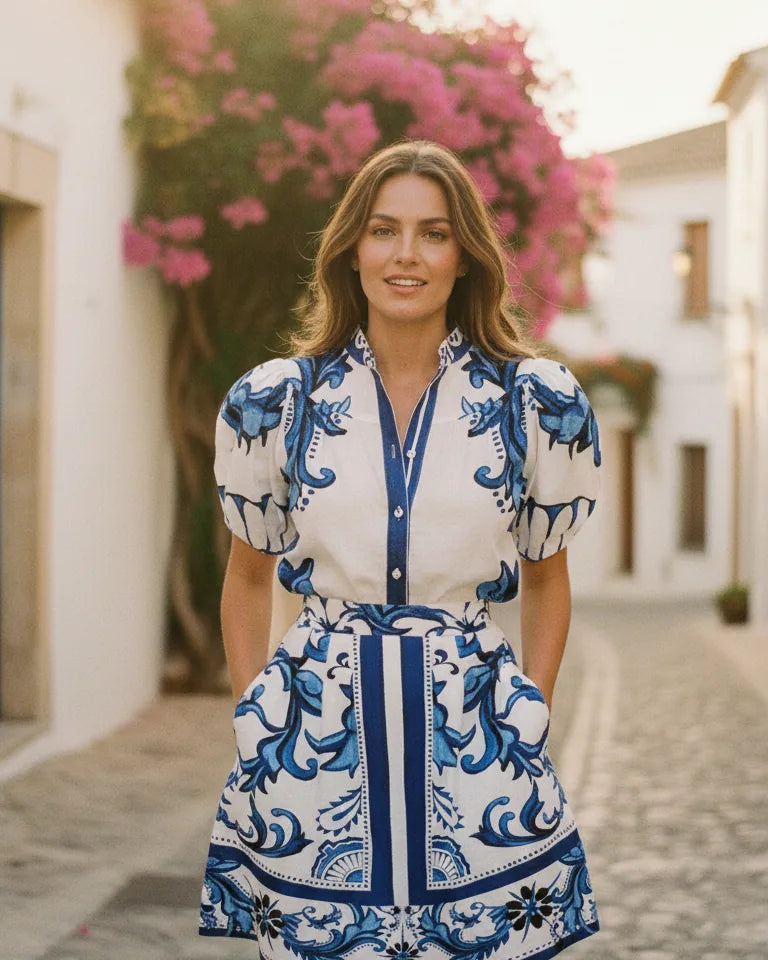 Woman wearing a printed two-piece set with a buttoned puff-sleeve top and a short pleated skirt - Blue