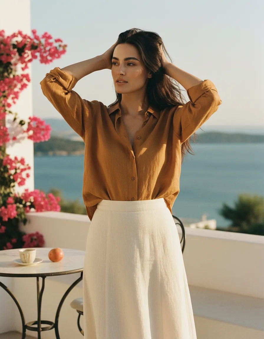 Woman wearing a relaxed linen button-down shirt with a soft drape