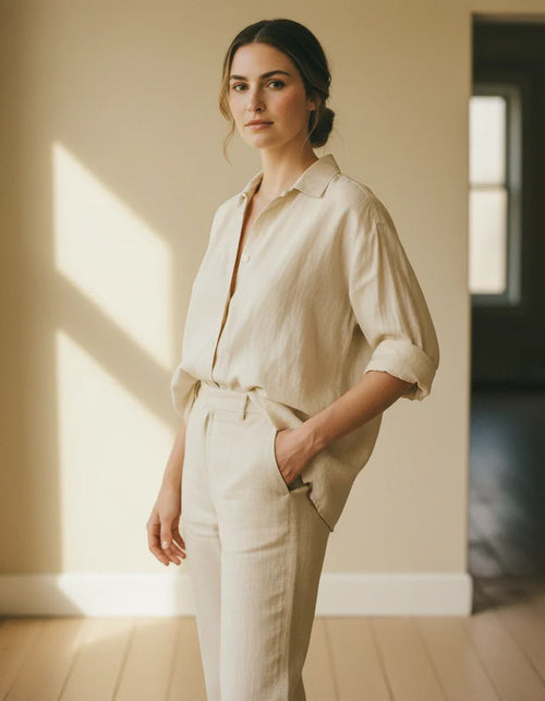 Woman wearing a bone-colored relaxed linen camp-collar shirt