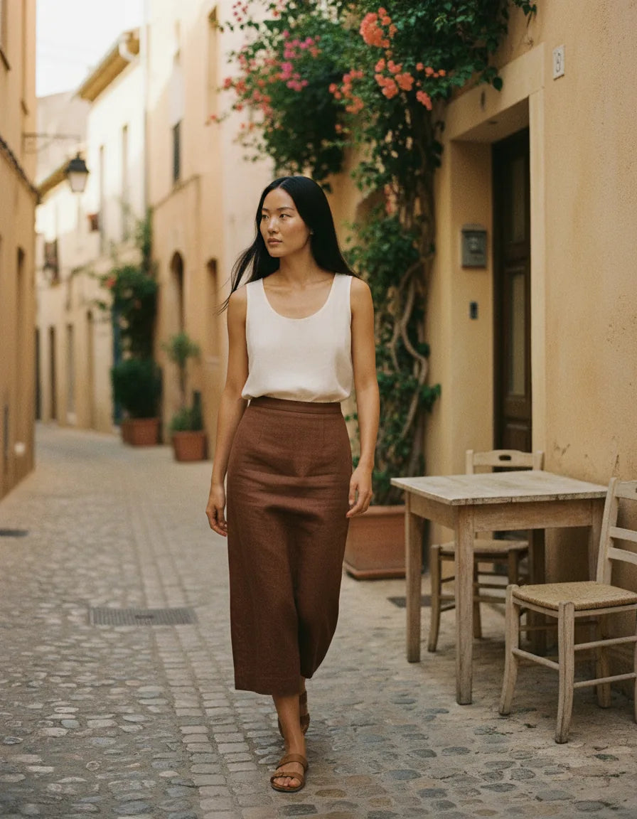 Woman wearing a walnut linen column skirt with a clean straight line and midi length