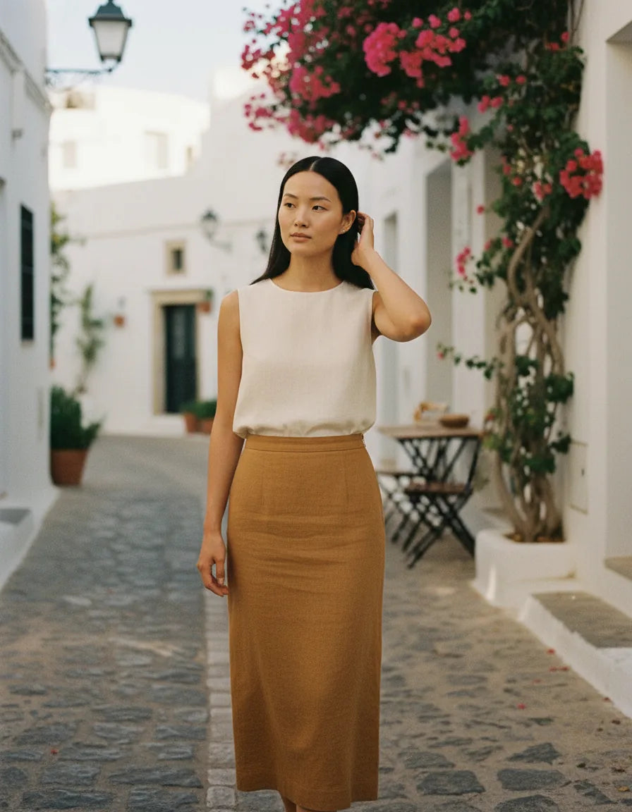 Woman wearing a linen column skirt with a clean straight line and midi length