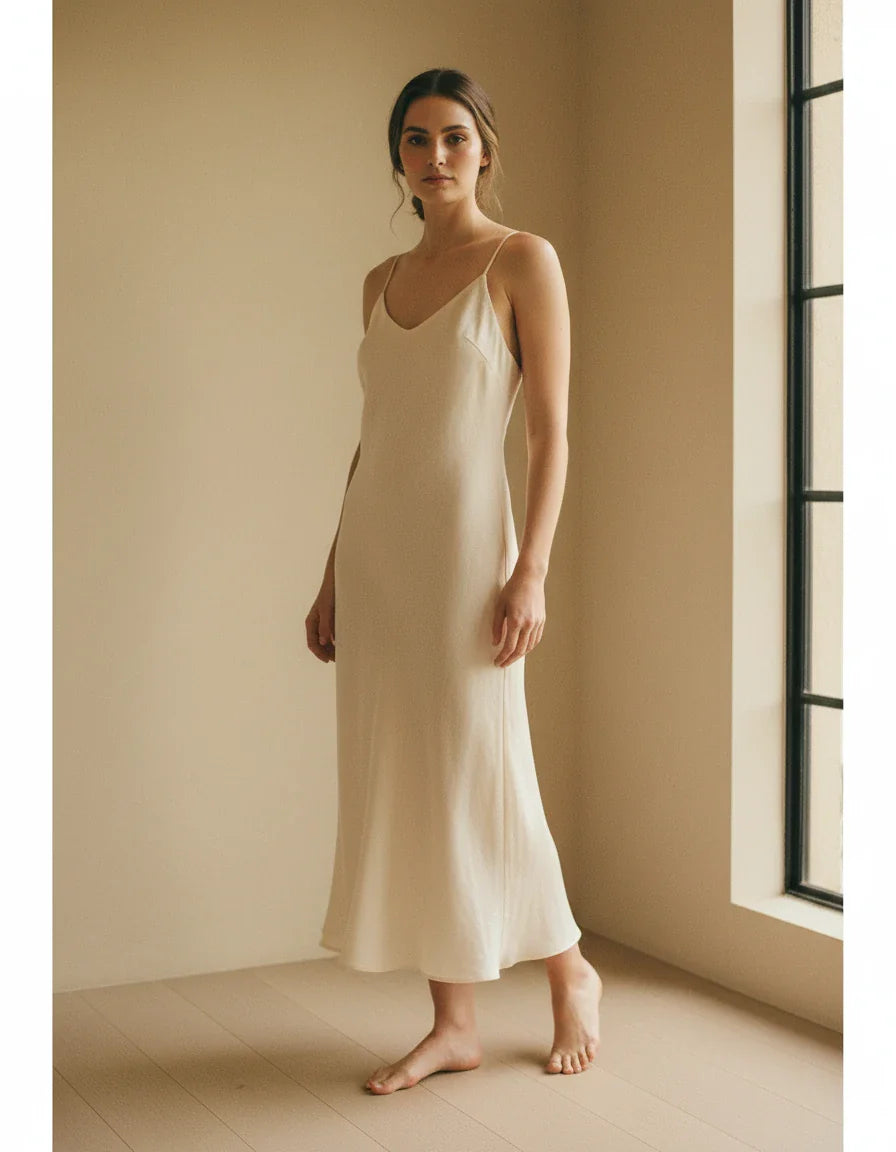 Woman wearing a bias-cut ivory linen-cupro slip midi dress