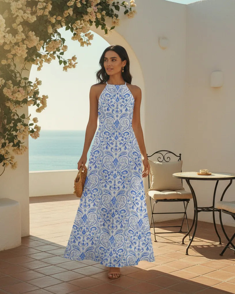 Woman wearing a printed halter-neck maxi dress with an easy A-line drape - Purple