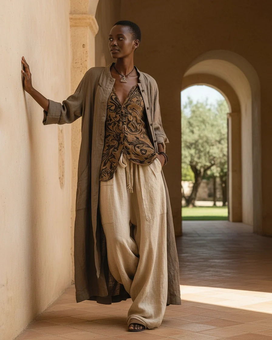 Model wearing a beige three-piece set with a long duster cardigan, printed V-neck tunic, and wide-leg trousers. - 2