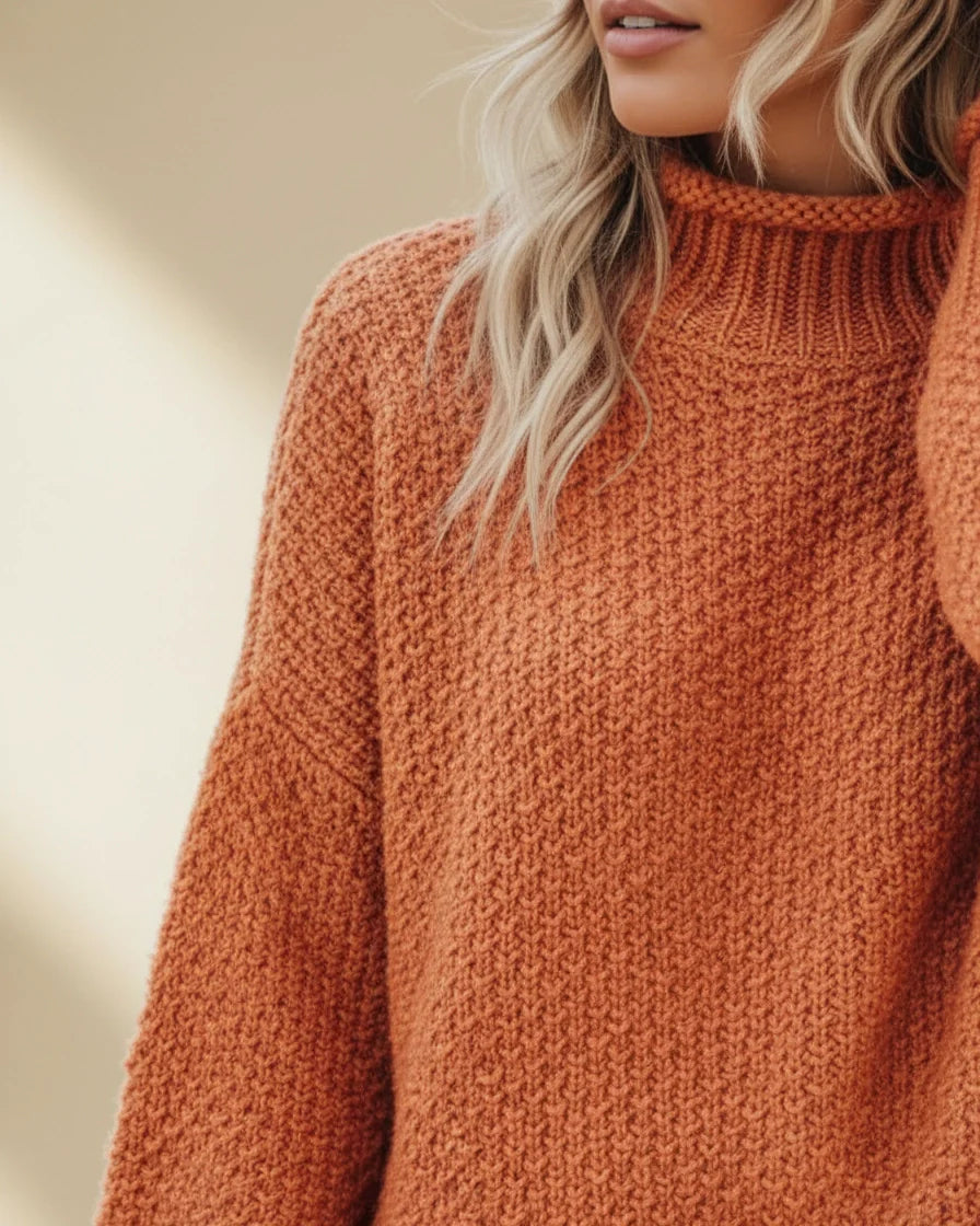 Model wearing a relaxed orange knit sweater with a mock neck and drop shoulders. - 6