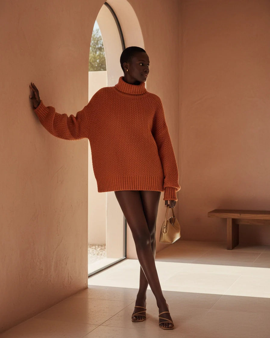 Model wearing a relaxed orange knit sweater with a mock neck and drop shoulders. - 2