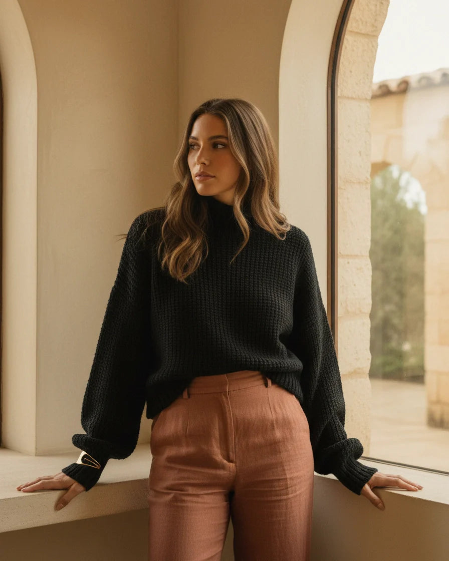 Model wearing a relaxed orange knit sweater with a mock neck and drop shoulders. - 3