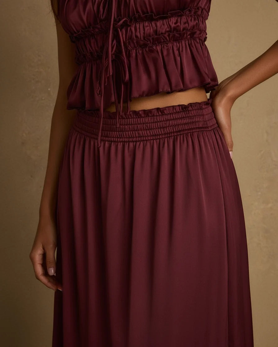 Women Ruffle Mulberry Satin Two-Piece Set