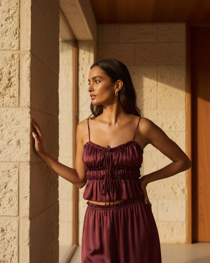 Women Ruffle Mulberry Satin Two-Piece Set