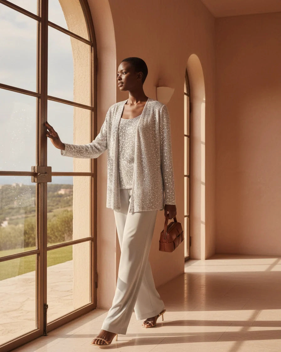 A three-piece silver evening set featuring a sequined lace open jacket, matching square-neck top, and flowing wide-leg trousers. - 2