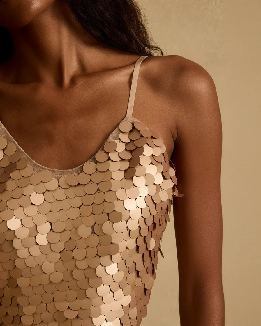 Cropped rose gold camisole featuring large circular sequins on a mesh backing with adjustable straps. - 3