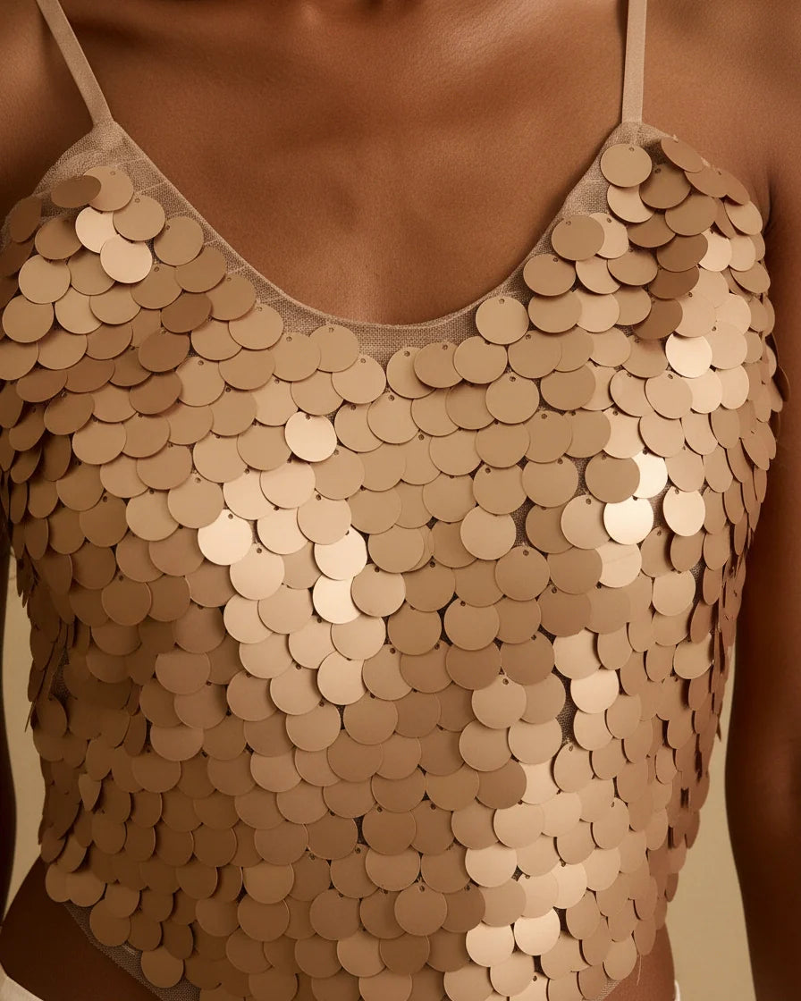 Cropped rose gold camisole featuring large circular sequins on a mesh backing with adjustable straps. - 5