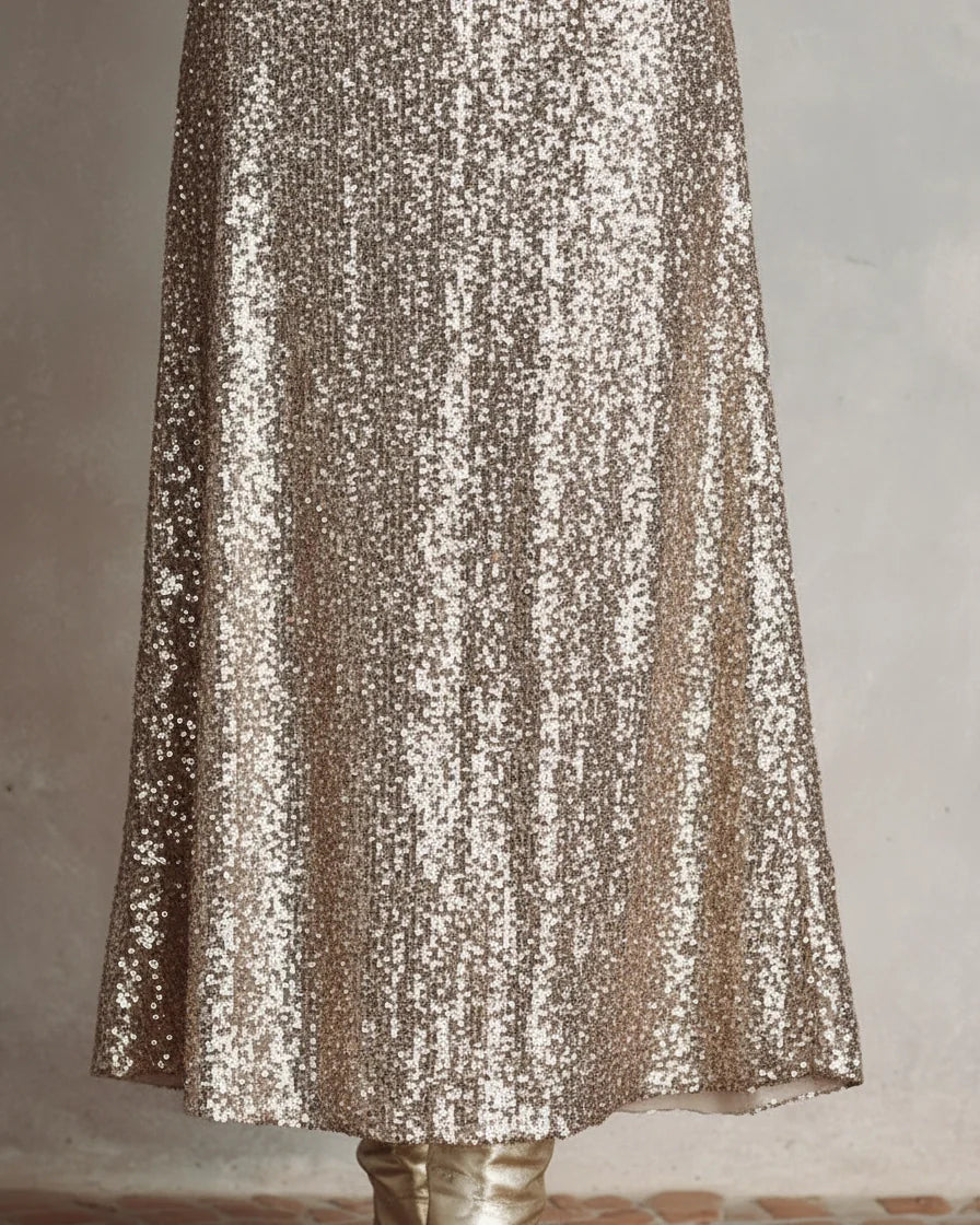 Full-length relaxed maxi dress with a shimmering finish, V-neckline, and long bishop sleeves. - 7