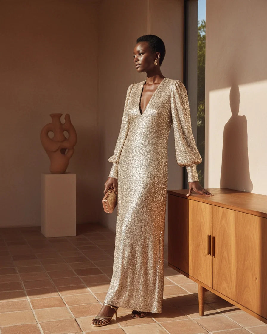 Full-length relaxed maxi dress with a shimmering finish, V-neckline, and long bishop sleeves. - 2