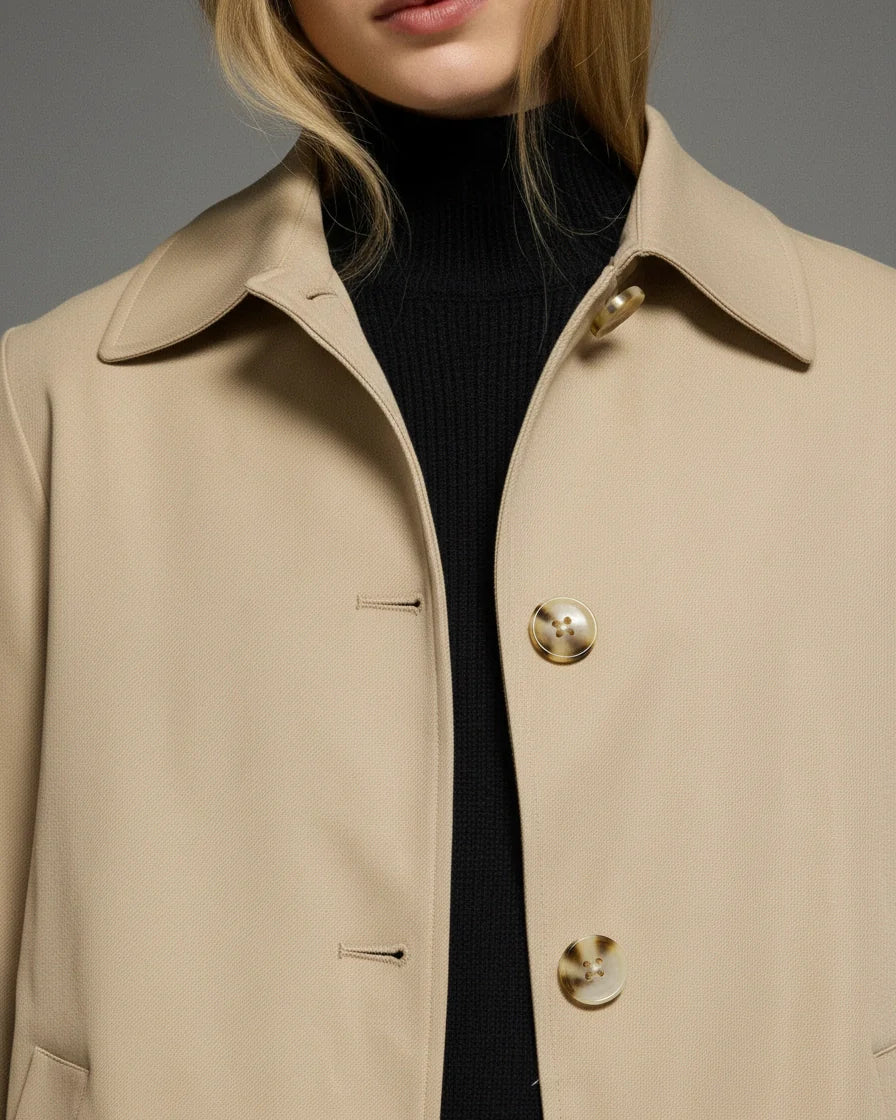 Model wearing a beige single-breasted mid-length trench coat with contrast buttons and diagonal pockets. - 10