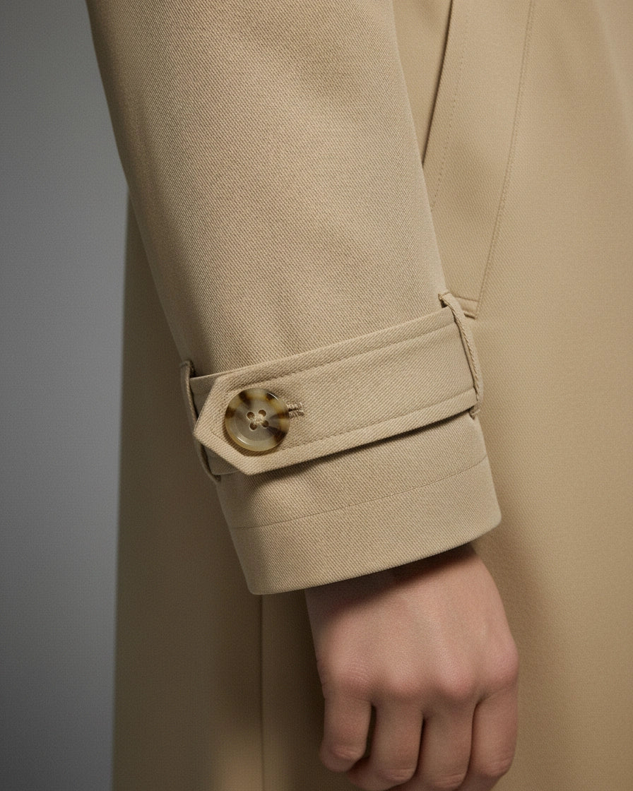 Model wearing a beige single-breasted mid-length trench coat with contrast buttons and diagonal pockets. - 11