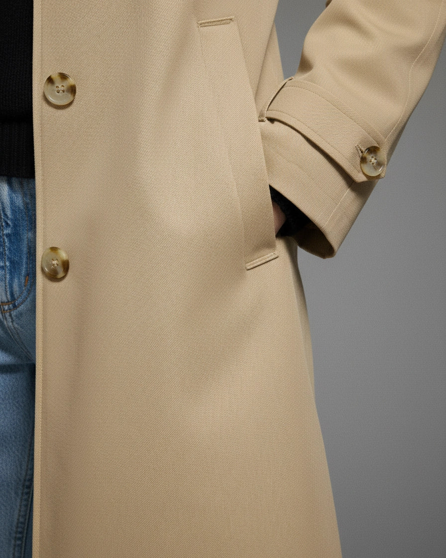 Model wearing a beige single-breasted mid-length trench coat with contrast buttons and diagonal pockets. - 12