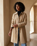 Model wearing a beige single-breasted mid-length trench coat with contrast buttons and diagonal pockets.