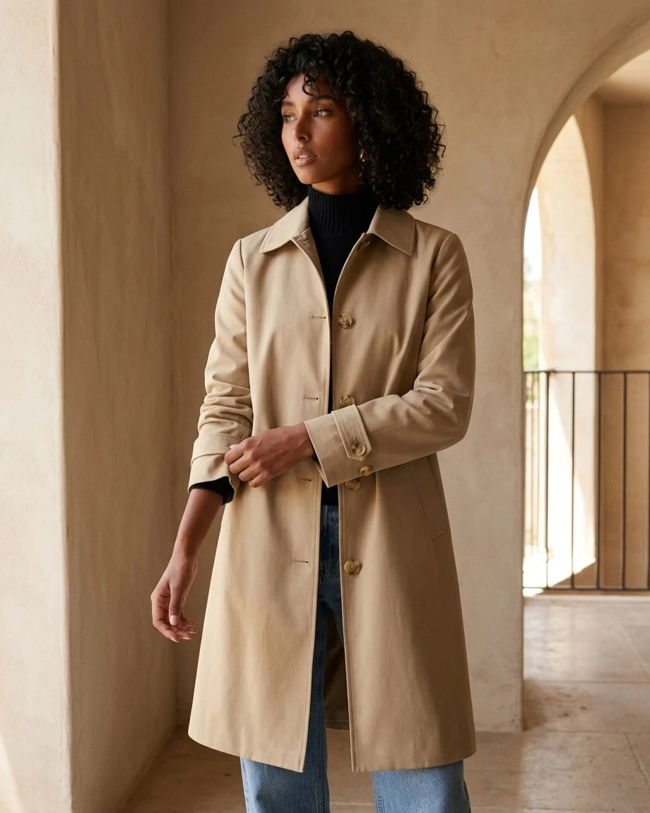 Model wearing a beige single-breasted mid-length trench coat with contrast buttons and diagonal pockets.