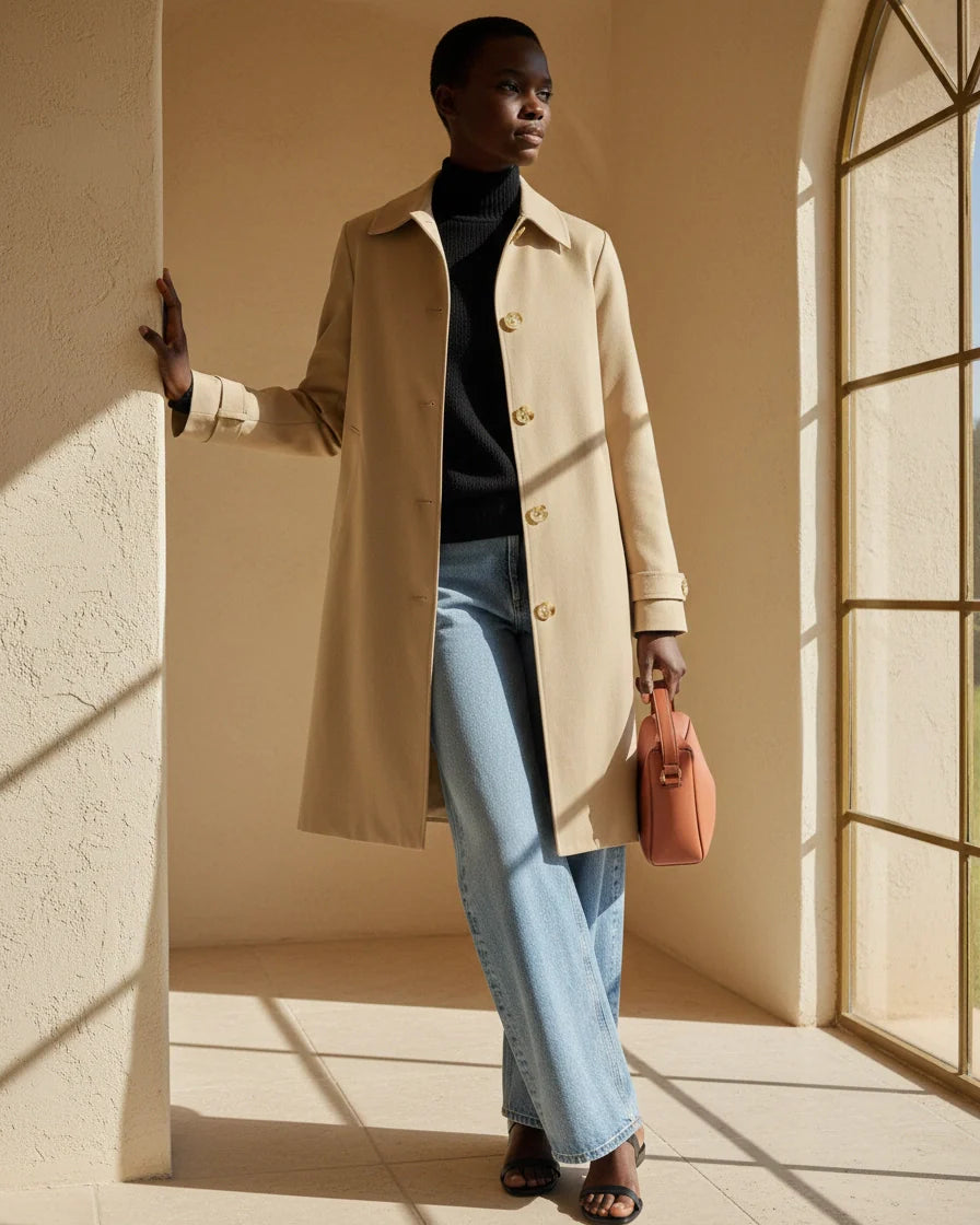 Model wearing a beige single-breasted mid-length trench coat with contrast buttons and diagonal pockets. - 2
