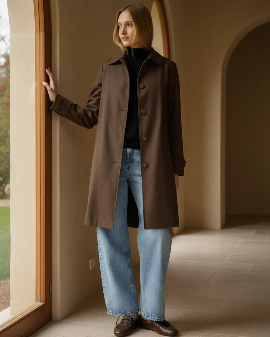 Model wearing a beige single-breasted mid-length trench coat with contrast buttons and diagonal pockets. - 3