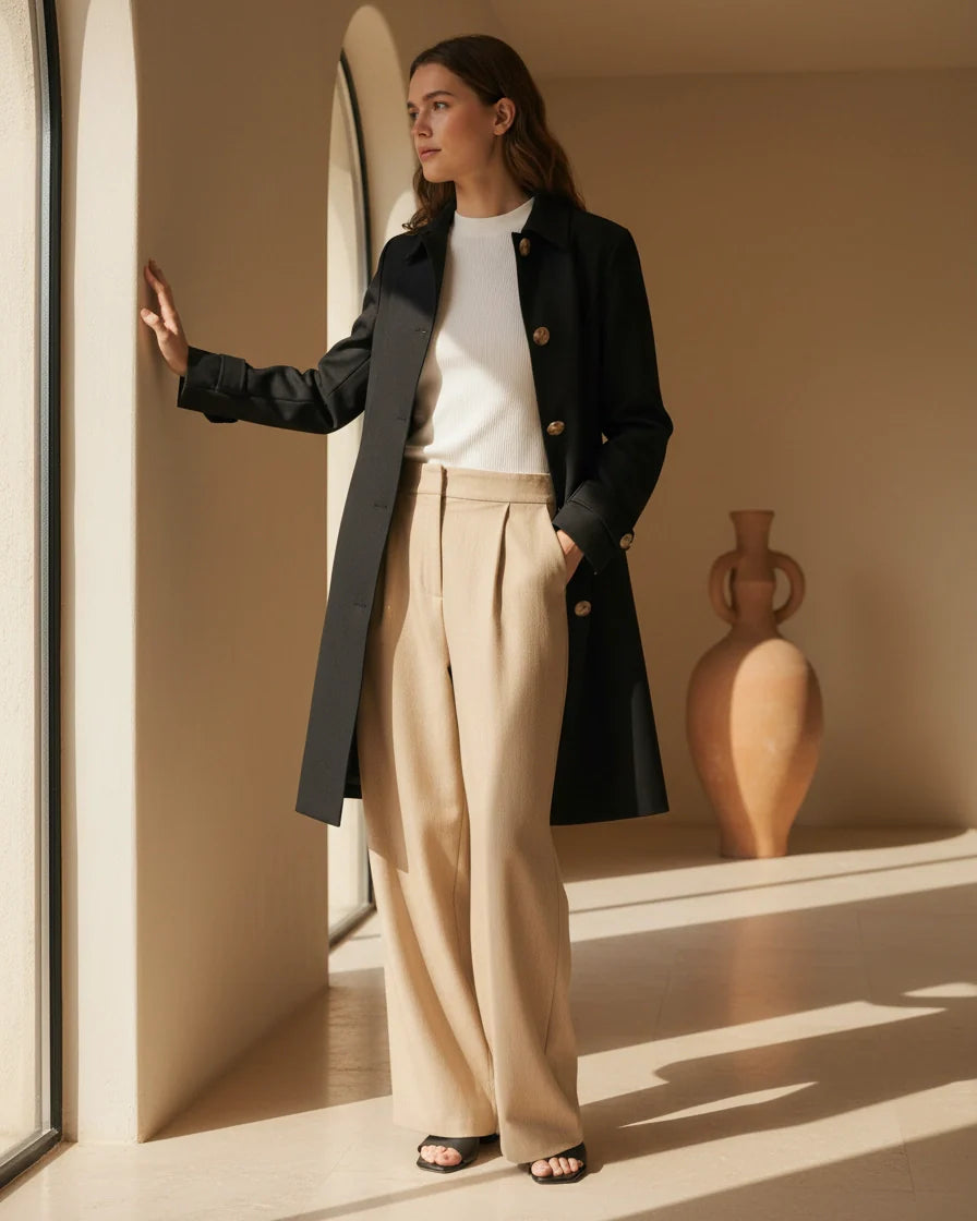 Model wearing a beige single-breasted mid-length trench coat with contrast buttons and diagonal pockets. - 4