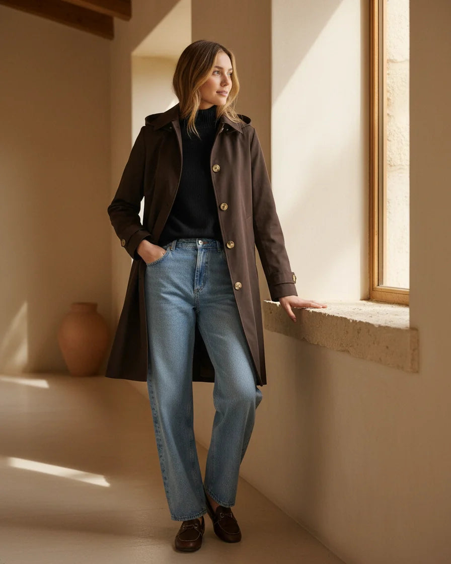 Model wearing a beige single-breasted mid-length trench coat with contrast buttons and diagonal pockets. - 7