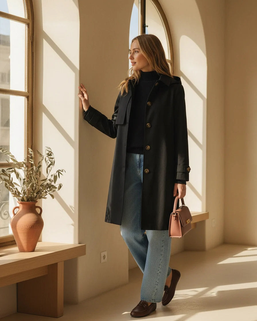 Model wearing a beige single-breasted mid-length trench coat with contrast buttons and diagonal pockets. - 8