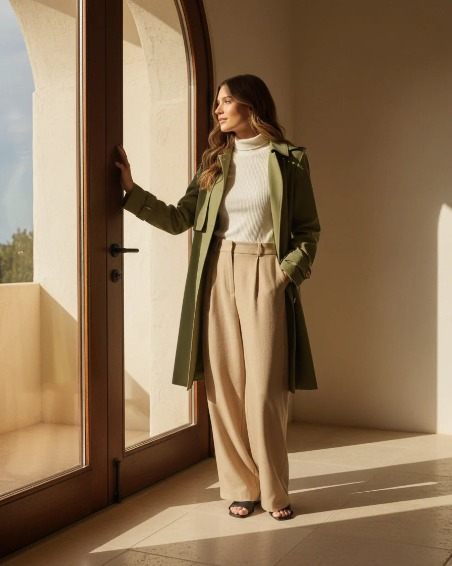 Model wearing a beige single-breasted mid-length trench coat with contrast buttons and diagonal pockets. - 9