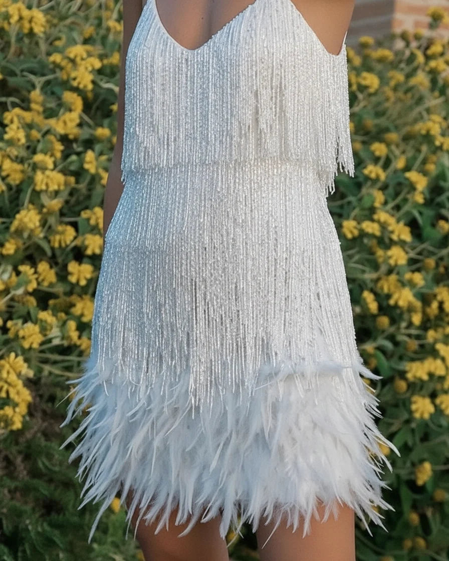 Women Textured Trim Fringe Mini Dress