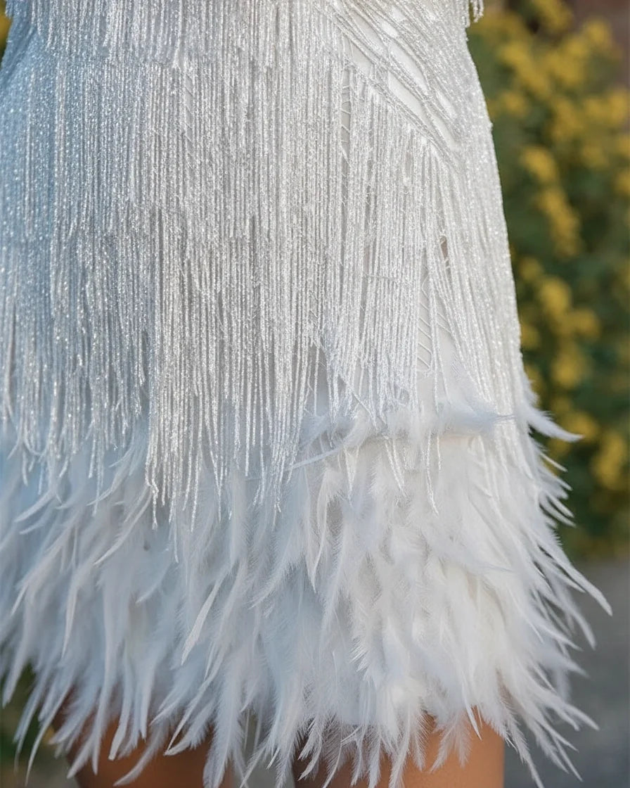 Women Textured Trim Fringe Mini Dress