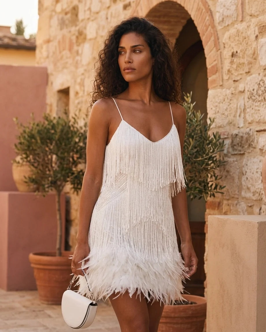 Women Textured Trim Fringe Mini Dress