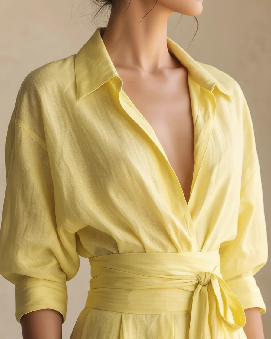 Yellow cotton-linen blend maxi shirt dress featuring a deep V-neckline, half sleeves with cuffed detail, and a wide fabric sash at the waist. - 3