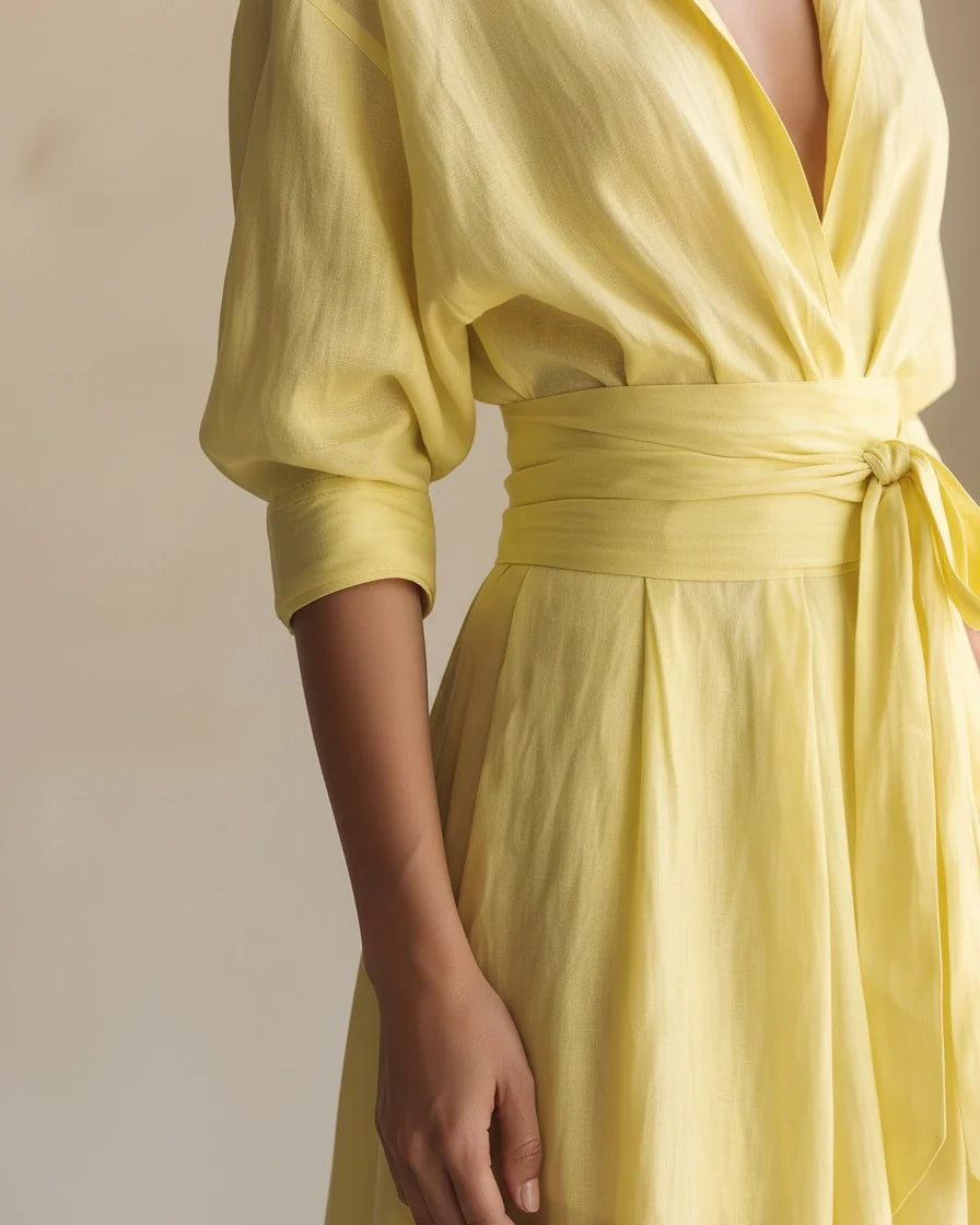 Yellow cotton-linen blend maxi shirt dress featuring a deep V-neckline, half sleeves with cuffed detail, and a wide fabric sash at the waist. - 4