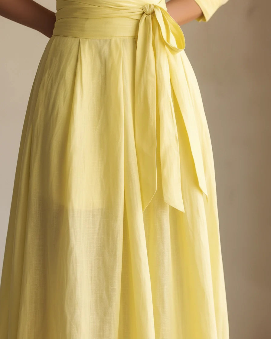 Yellow cotton-linen blend maxi shirt dress featuring a deep V-neckline, half sleeves with cuffed detail, and a wide fabric sash at the waist. - 5