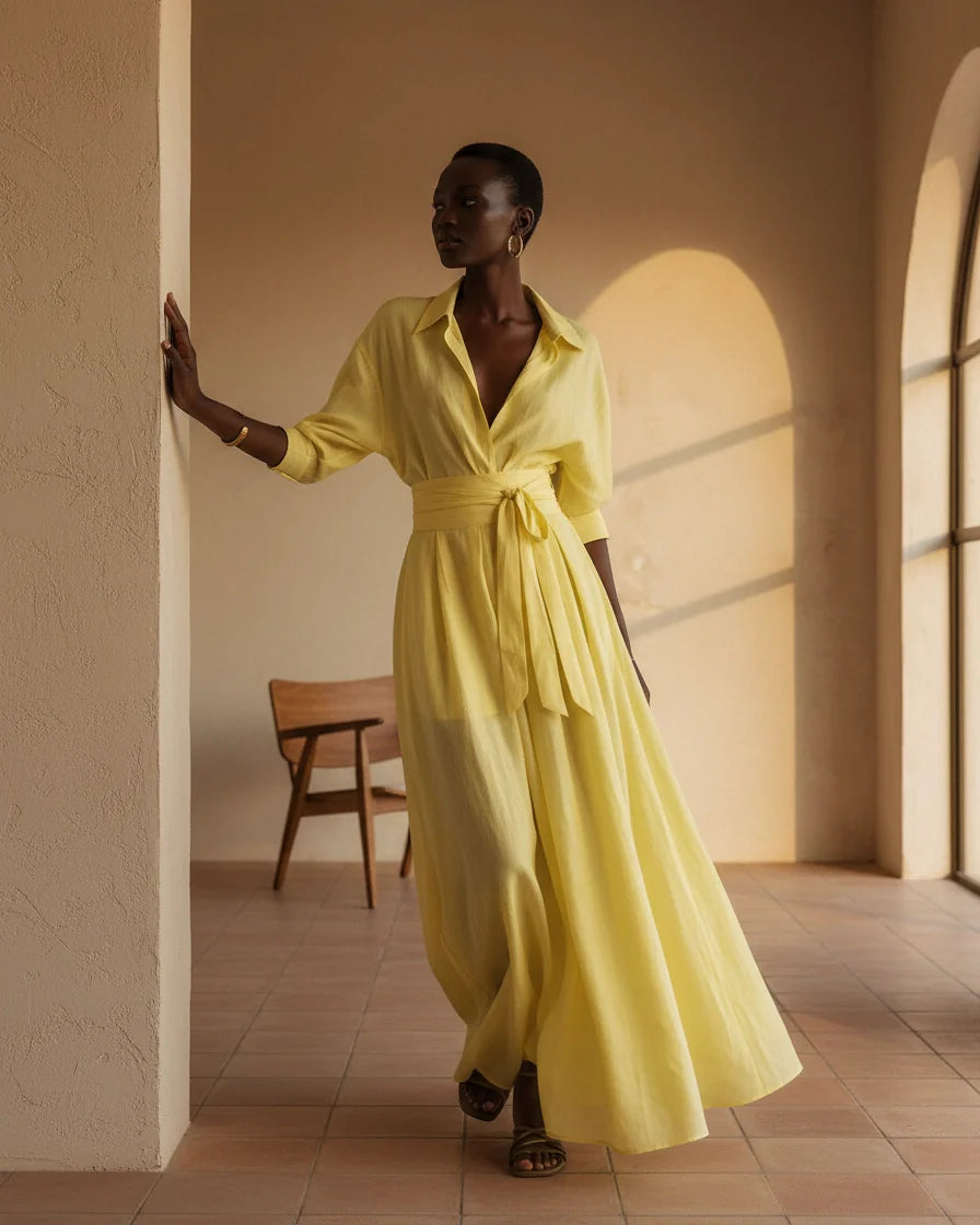 Yellow cotton-linen blend maxi shirt dress featuring a deep V-neckline, half sleeves with cuffed detail, and a wide fabric sash at the waist. - 2