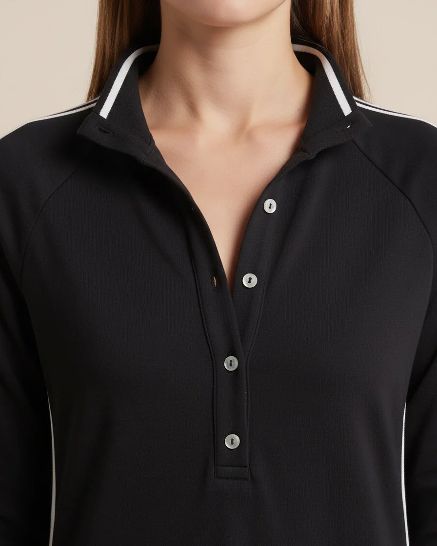 Black maxi sweatshirt dress with a button-down polo collar and white athletic side stripes. - 6